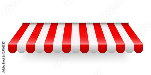 Red shop sunshade isolated on white background. Realistic striped cafe awning. Outdoor market tent. Roof canopy. Summer street store. Vector illustration.