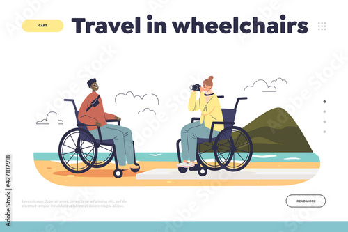 Travel in wheelchair concept of landing page with young disabled people on vacation on seaside