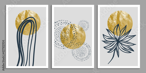 Vector set of gold botanical and abstract wall art. Boho decor in earth tone. Mid century modern art for cover, print, wallpaper and other. Minimalistic vector illustration.