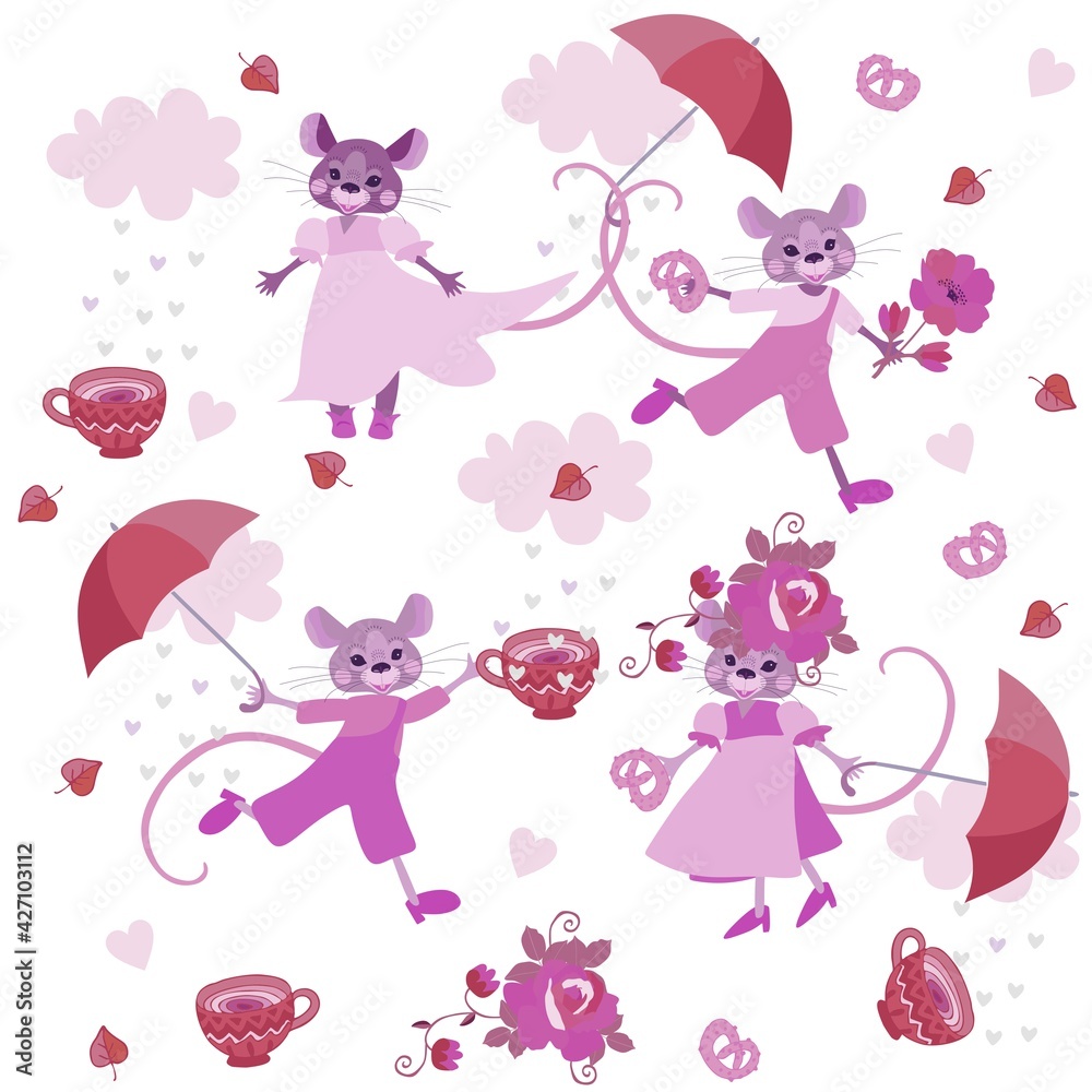 Endless pattern with cute cartoon mice, rain of hearts, umbrellas that catch clouds, flowers and cups of aromatic tea.