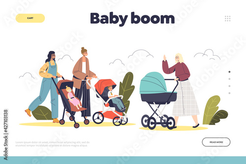 Baby boom landing page with group of happy mothers with infant kids in strollers walk in park