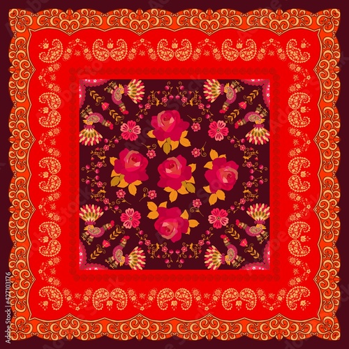 Bright pattern for square carpet, pillowcase or shawl in ethnic style. Floral ornament with red roses, fabulous roosters and decorative border. Lid for gift box, print for fabric.