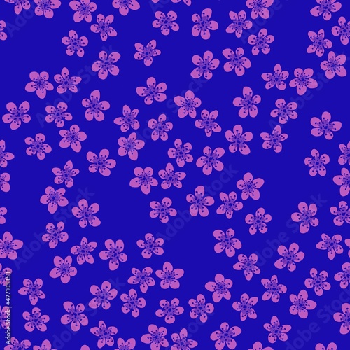 Seamless pattern with blossoming Japanese cherry sakura flowers for fabric,packaging,wallpaper,textile decor,design, invitations,cards,print,gift wrap,manufacturing.Pink flowers on blue background