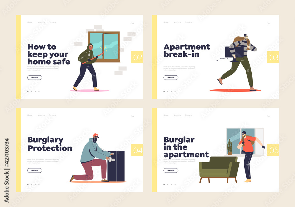 Set of landing pages with home burglar, housebreaking, robbery and thief in apartment