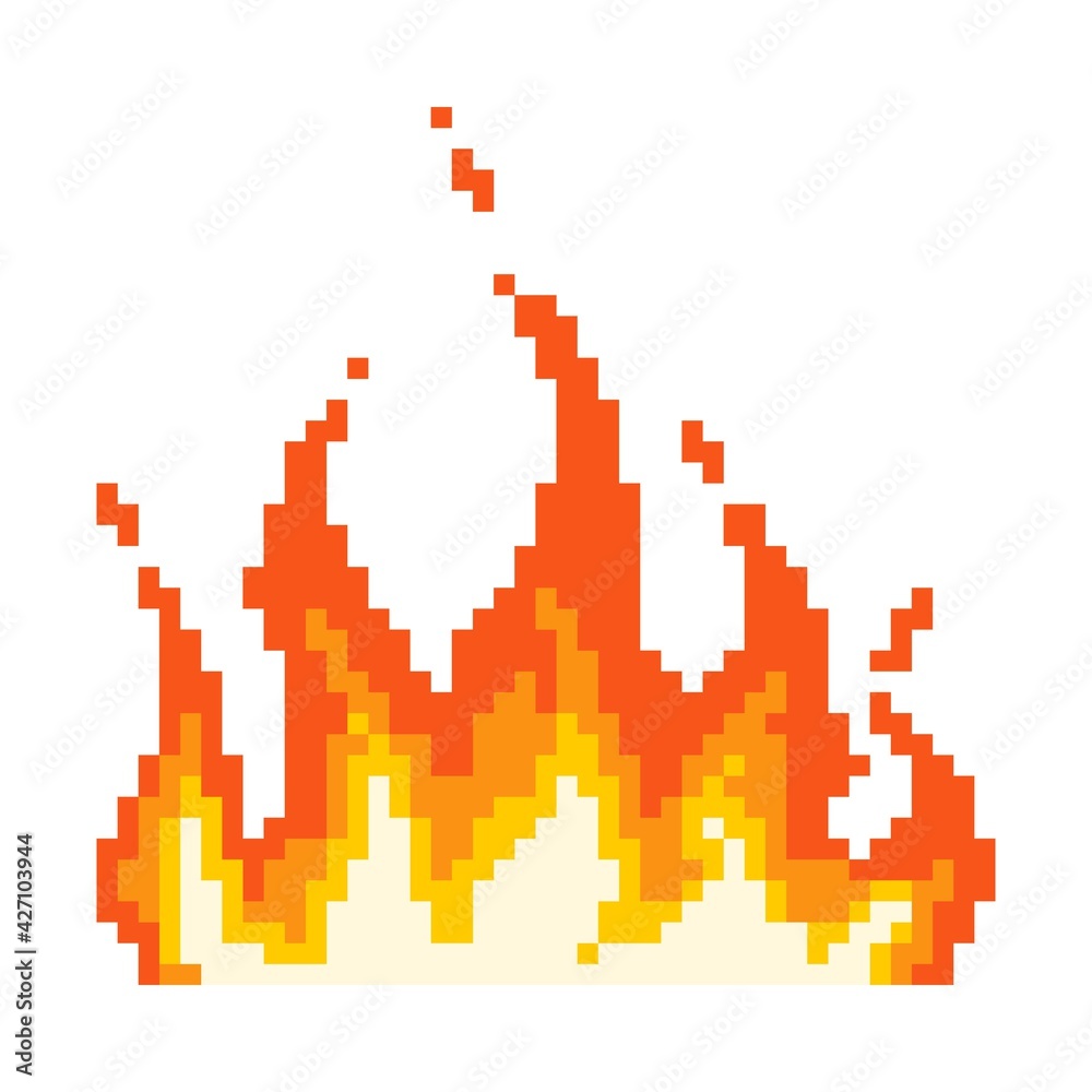 Flame fire pixel icon. Wave napalm burning everything around fire with glowing yellow core red energy after powerful explosion with flying vector sparks.