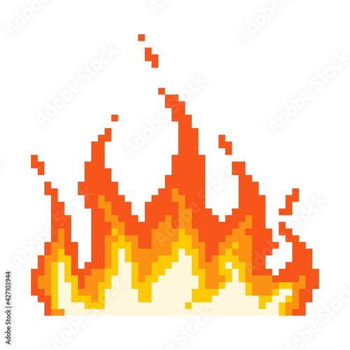 Flame fire pixel icon. Wave napalm burning everything around fire with glowing yellow core red energy after powerful explosion with flying vector sparks.