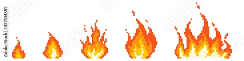 Stages of pixel fire ignition. Small red bonfire turning into fiery hell consequences of explosion blazing with raging vector flame.
