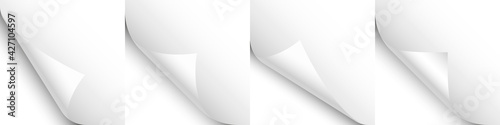Set of white paper curls. Curled page corner with shadow. Blank sheet of paper. Design element for advertising and promotion. Vector illustration.