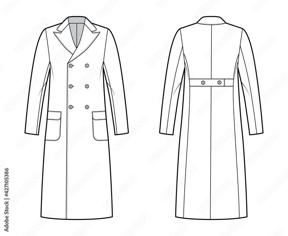 Polo coat technical fashion illustration with double breasted, midi ...