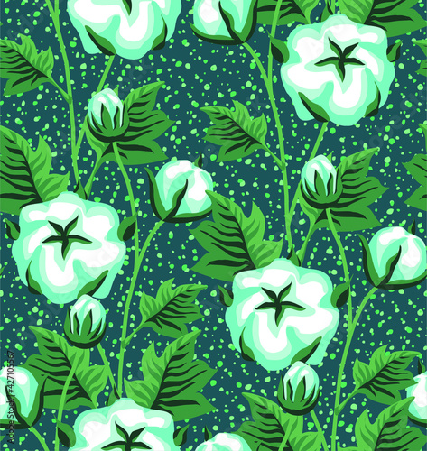 Vector stylish floristic pattern with decorative branches, stems and leaves of a cotton plant. Vintage background and print for textiles and fashion accessories