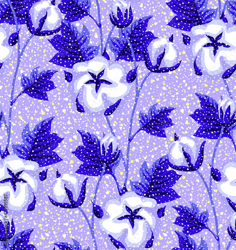 Vector stylish floristic pattern with decorative branches, stems and leaves of a cotton plant. Vintage background and print for textiles and fashion accessories