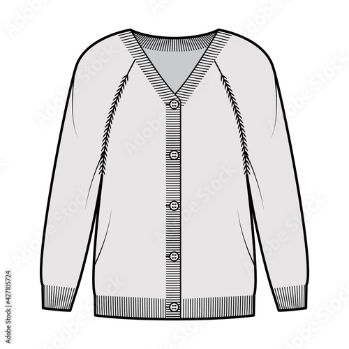 Sweater cardigan technical fashion illustration with V- neck, long raglan sleeves, oversized, fingertip length, knit rib trim. Flat apparel front, grey color style. Women, men unisex CAD mockup