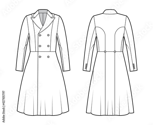 Redingote coat technical fashion illustration with double breasted, fitted, long sleeves, peak lapel collar, knee length. Flat jacket template front, back, white color style. Women, men top CAD mockup
