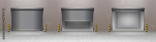 Realistic garage doors with mechanical or automatic control system: open, closed and sliding
