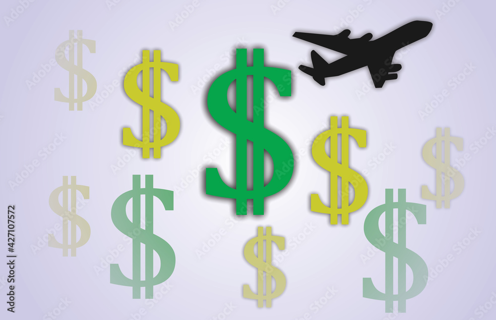 Dollar symbols with airplane. Economy and travel. Dollar symbols with airplane. Economy and travel.