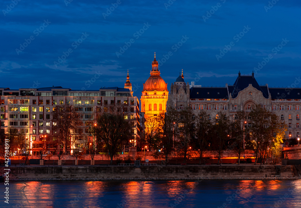 Hungary, Budapest city at night, Istvan Basilica, against the background of the night city, the reflection of lights in the water