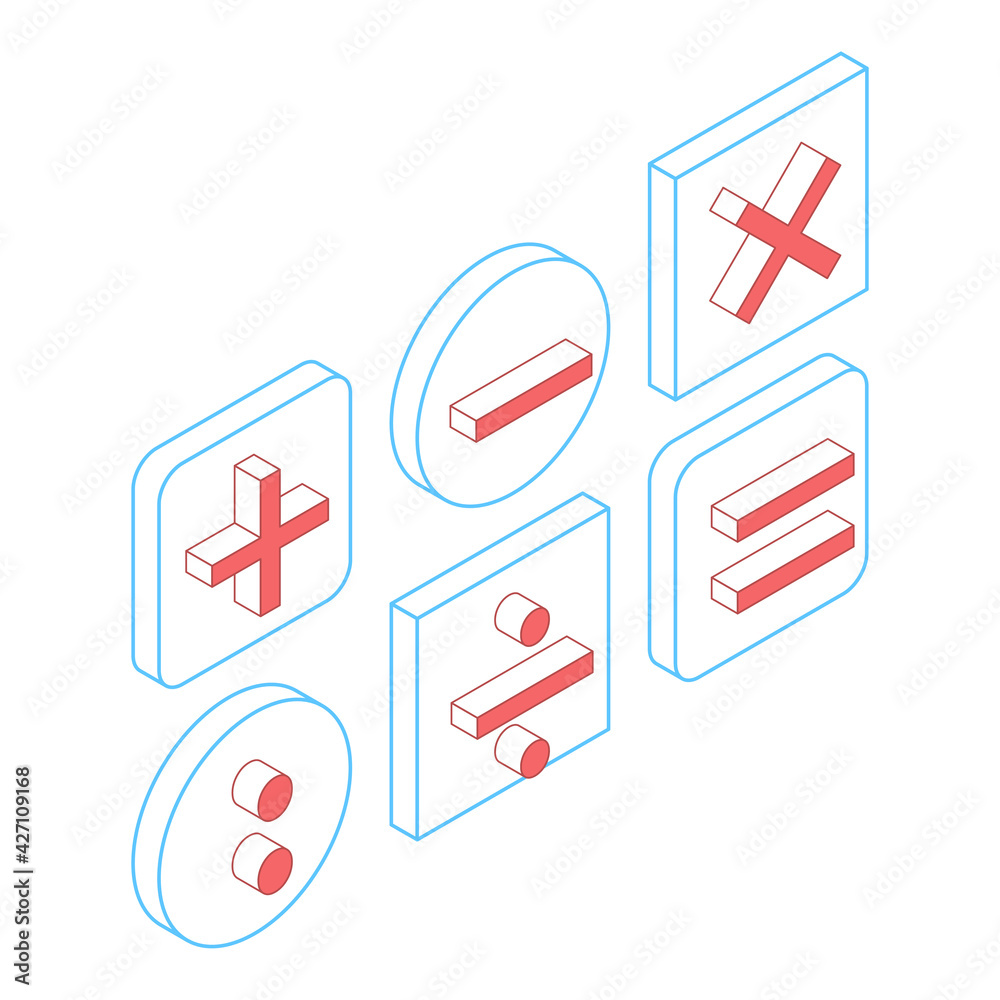 Vector 3d isometric icons, buttons of math signs. Symbols equal plus minus division x multiplication Vector 3d isometric icons, buttons of math signs. Symbols equal plus minus division x multiplication