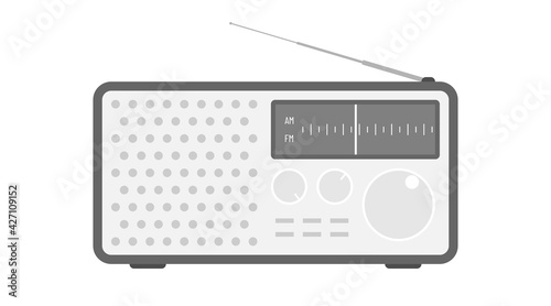 White am fm digital stationary radio receiver with antenna. Simple flat vector illustration. Old vintage broadcast icon