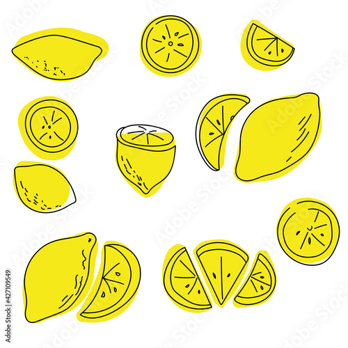 Set of contour lemons doodle on a colored spot, yellow juicy citrus fruits whole, halves and slices for design