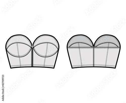 Denim bustier top technical fashion illustration with zip-up closure, cups strapless , slim fit, crop length. Flat bra template front, back, grey color style. Women, men, unisex CAD mockup