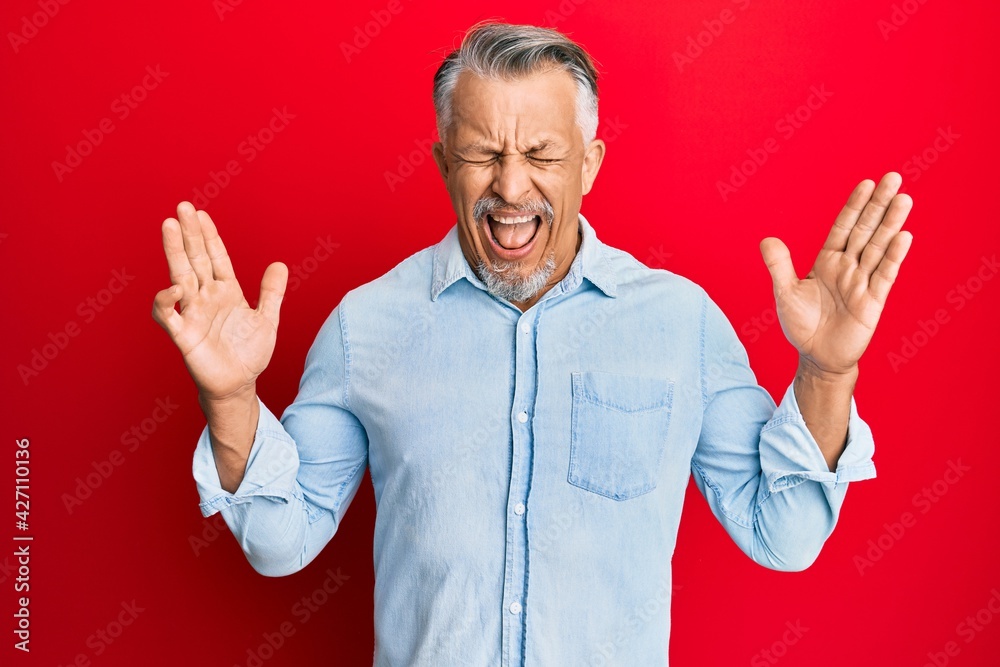 Middle age grey-haired man wearing casual clothes celebrating mad and crazy for success with arms raised and closed eyes screaming excited. winner concept Middle age grey-haired man wearing casual clothes celebrating mad and crazy for success with arms raised and closed eyes screaming excited. winner concept