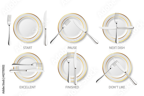 Vector 3d Realistic Ceramic, Porcelain White Plate with Golden Strip Set Isolated on White Background. Dining Etiquette. Forks and Knifes Signals. Top View