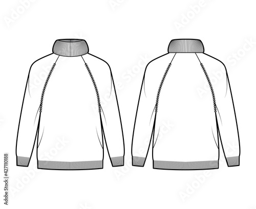 Sweater Exaggerated Turtleneck technical fashion illustration with long raglan sleeves, oversized, hip length, knit rib trim. Flat apparel front, back, white color style. Women, men unisex CAD mockup