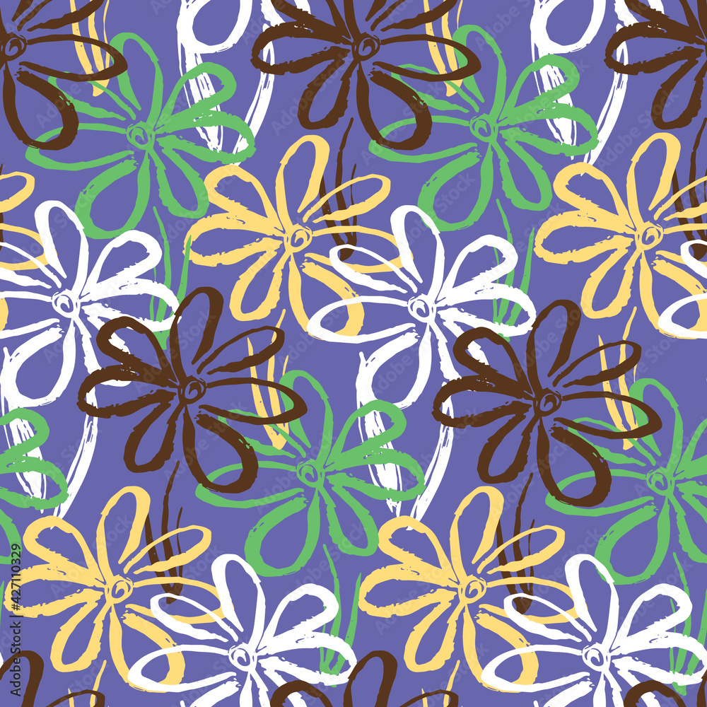 Abstract purple pattern with ink simple flowers