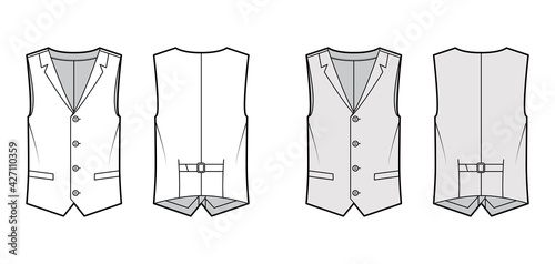 Lapelled vest waistcoat technical fashion illustration with sleeveless, notched shawl collar, button-up closure, pockets. Flat template front, back, white, grey color. Women, men unisex top CAD mockup