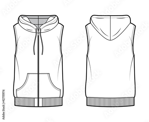 Hooded vest waistcoat technical fashion illustration with sleeveless, kangaroo pouch, zip-up closure, oversized body. Flat template front, back, white color style. Women, men, unisex top CAD mockup