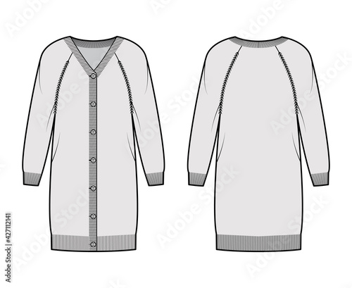 Dress Cardigan Sweater technical fashion illustration with rib V- neck, long raglan sleeves, relax fit, knit trim. Flat jumper apparel front, back, grey color style. Women, men unisex CAD mockup