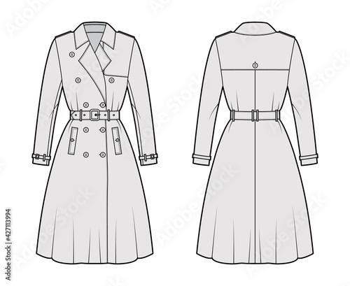 Full Trench coat technical fashion illustration with belt, double breasted, long sleeves, wide collar, knee length, storm flap. Flat template front, back, grey color style. Women, men top CAD mockup