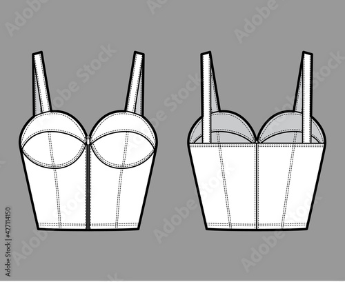Denim bustier top technical fashion illustration with thin straps, zip-up closure, cups, slim fit, waist crop length. Flat bra template front, back, white color style. Women, men, unisex CAD mockup