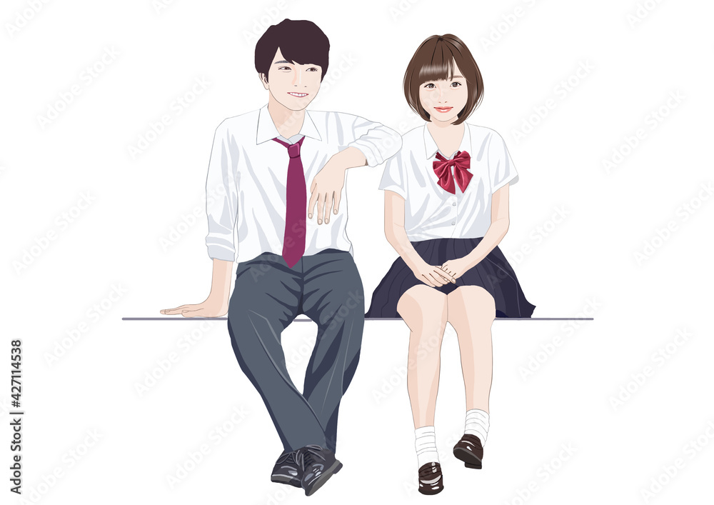 ベンチに座る高校生男女イラスト Stock Illustration Adobe Stock
