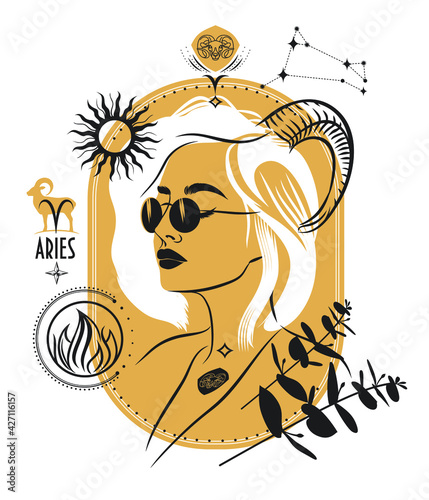 Aries girl. Vector illustration with a portrait of a pretty girl. Zodiac sign with elements of astrology