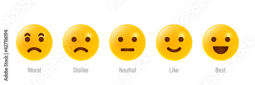 Feedback scale service with emotion icons. User experience rate with feedback scale. Yellow smiley for customer feedback. Worst, dislike, neutral, like, best emotion icons. Vector illustration