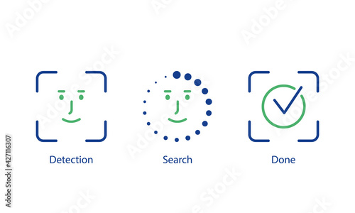 Face scanning process line icons. Face id icon for approving password. Face identification line icon. Biometric facial recognition system sign. Facial detection pictogram. Vector illustration