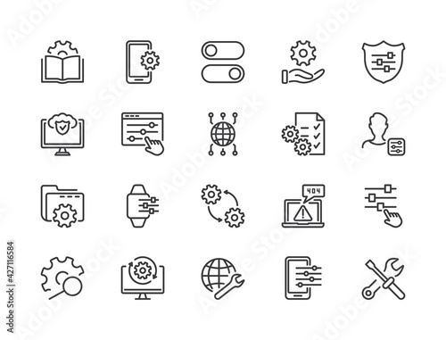 Simple Set of Setup, Repair and Settings. Gear, Screwdriver and Wrench line icons. Tech Support, Settings and Options related Vector line icons set. Editable Stroke. Vector illustration