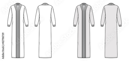 Maxi cardigan technical fashion illustration with shawl neck, long sleeves, oversized, floor length, knit trim. Flat Sweater apparel front, back, white grey color style. Women, men unisex CAD mockup