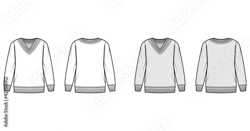 Cricket Sweater technical fashion illustration with stripes, rib V-neck, long sleeves, oversized, hip length, knit cuff trim. Flat apparel front, back, white grey color style. Women, unisex CAD mockup