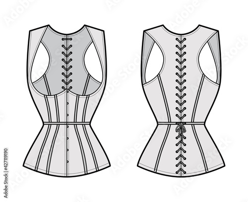 Corset gilet vest technical fashion illustration with sleeveless, Cord lacing back closure, slim fit, Whales. Flat apparel template front, grey color style. Women, men, unisex top CAD mockup