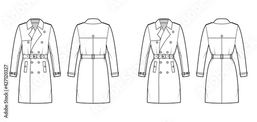 Set of Trench coats technical fashion illustration with belt, double breasted, long sleeves, napoleon wide lapel collar, knee length. Flat jacket template front, back, white color. Women, men, top CAD