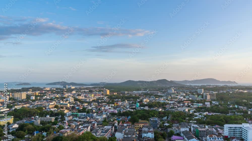 Phuket city aerial scenic view from Khao Rang Hill Park, during sunset twilight; day to night - Time Lapse Phuket city aerial scenic view from Khao Rang Hill Park, during sunset twilight; day to night - Time Lapse