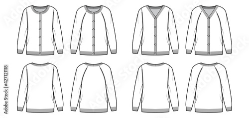 Set of Cardigans Sweater technical fashion illustration with rib crew V- neck  long raglan sleeves  button closure oversized  knit trim. Flat apparel front  back  white color. Women  men unisex mockup