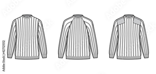 Set of Ribbed army Sweaters technical fashion illustration with long raglan sleeves, oversized, hip length, knit rib trip. Flat apparel front, white color style. Women, men unisex CAD mockup