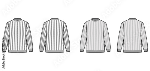 Ribbed Sweater technical fashion illustration with rib crew neck, long sleeves, oversized, hip length, knit cuff trim. Flat jumper apparel front, back, white grey color. Women, men unisex CAD mockup