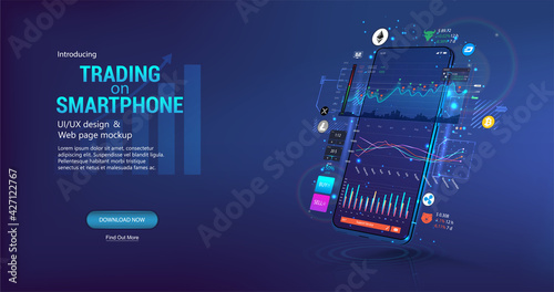 App for trading cryptocurrency on the phone. Template trading platform, web page concept. Smartphone App with UI, online statistic, data analytics and finance. Trends and financial strategy. Vector