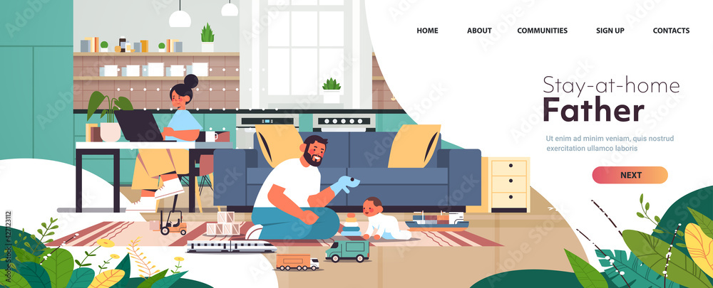 family spending time together mother using laptop father playing with little son at home parenting concept family spending time together mother using laptop father playing with little son at home parenting concept