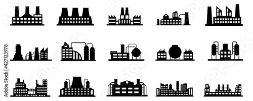 Set of industrial factories icons. Black silhouettes isolated on white background. Vector symbols industrial buildings on white background.