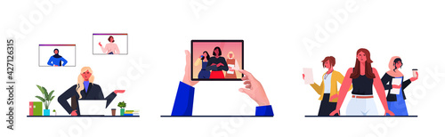 set businesswomen leaders discussing with colleagues during video call leadership concept horizontal